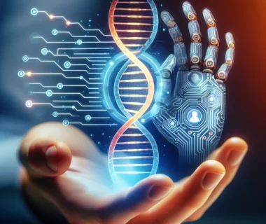"Ilustrasi penggunaan etis data DNA pelanggan dalam pengembangan AI oleh Regeneron dan 23andMe, menunjukkan interaksi antara analisis genetik dan kecerdasan buatan dalam penelitian kesehatan."
