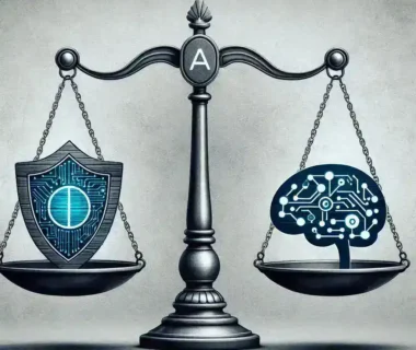 "Ilustrasi yang menunjukkan trade-off keamanan dalam kecerdasan buatan (AI) dengan data yang tidak sah, menyoroti tantangan dan risiko yang terkait dengan perlindungan data."