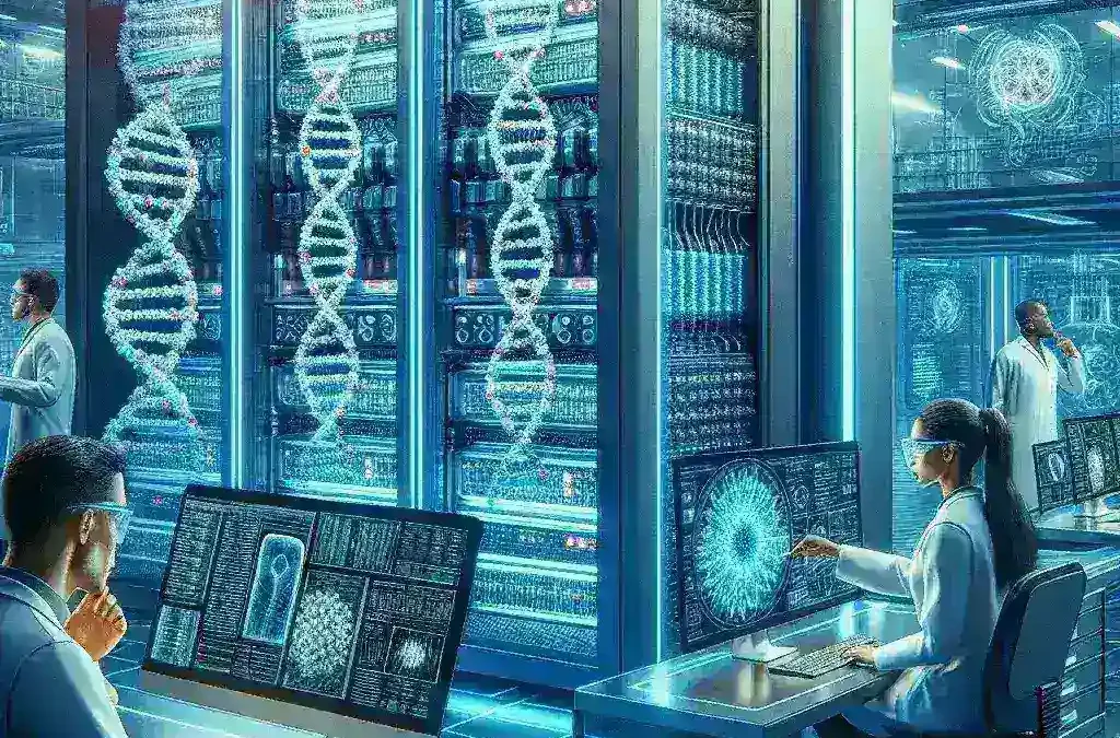 "Superkomputer handal yang mendukung riset bioteknologi dan kesehatan, menampilkan proses pengolahan data dan simulasi kompleks untuk penelitian inovatif."