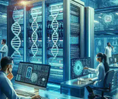"Superkomputer handal yang mendukung riset bioteknologi dan kesehatan, menampilkan proses pengolahan data dan simulasi kompleks untuk penelitian inovatif."