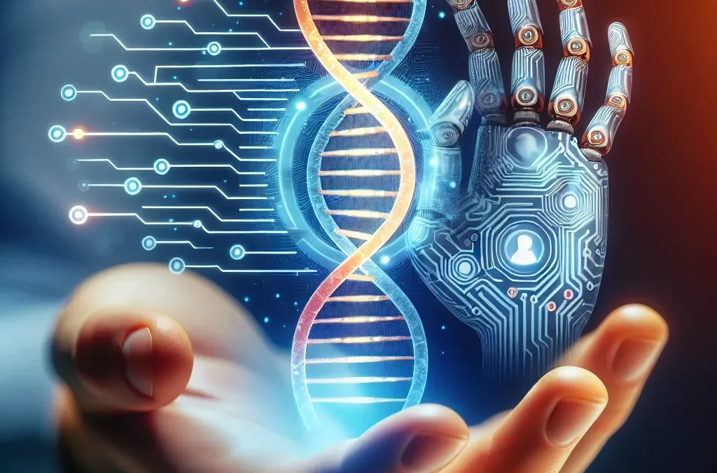 "Ilustrasi penggunaan etis data DNA pelanggan dalam pengembangan AI oleh Regeneron dan 23andMe, menunjukkan interaksi antara analisis genetik dan kecerdasan buatan dalam penelitian kesehatan."
