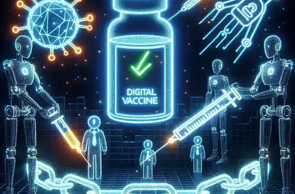 "Vaksin Digital berbasis AI untuk sistem distribusi obat guna mencegah pelanggaran rantai pasok, menampilkan teknologi inovatif dan grafis sistem logistik"