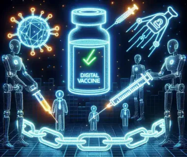"Vaksin Digital berbasis AI untuk sistem distribusi obat guna mencegah pelanggaran rantai pasok, menampilkan teknologi inovatif dan grafis sistem logistik"