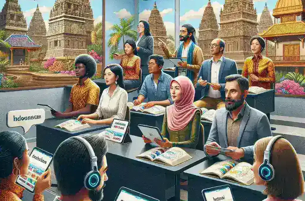 "Pengembangan aplikasi pembelajaran bahasa Indonesia untuk ekspatriat dan turis, menampilkan antarmuka pengguna yang intuitif dan fitur interaktif yang mendukung pembelajaran bahasa yang efektif."