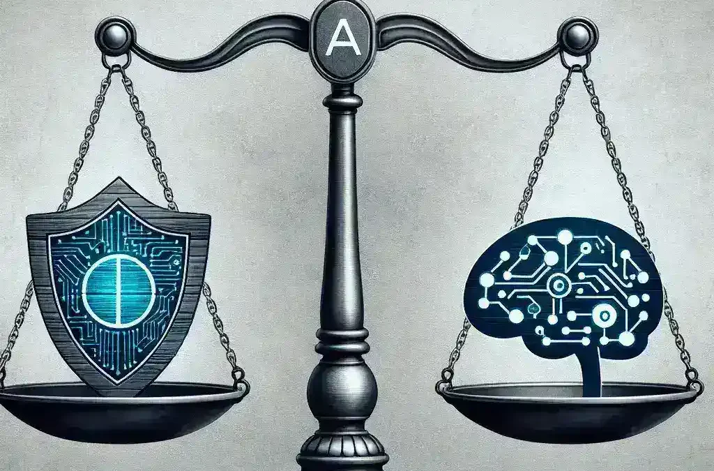 "Ilustrasi yang menunjukkan trade-off keamanan dalam kecerdasan buatan (AI) dengan data yang tidak sah, menyoroti tantangan dan risiko yang terkait dengan perlindungan data."