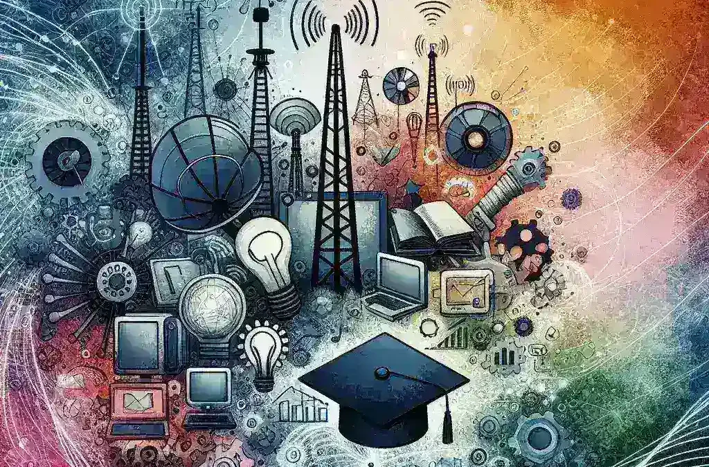 "Ilustrasi inovasi layanan telekomunikasi yang mendukung pendidikan jarak jauh, menunjukkan siswa yang menggunakan perangkat digital untuk belajar online, dengan latar belakang jaringan internet dan simbol teknologi."