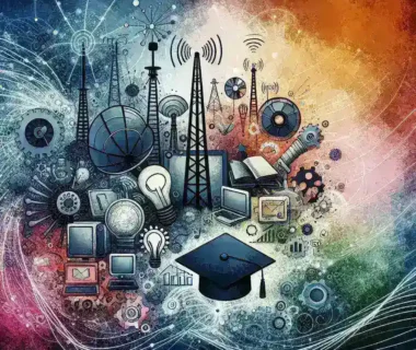 "Ilustrasi inovasi layanan telekomunikasi yang mendukung pendidikan jarak jauh, menunjukkan siswa yang menggunakan perangkat digital untuk belajar online, dengan latar belakang jaringan internet dan simbol teknologi."