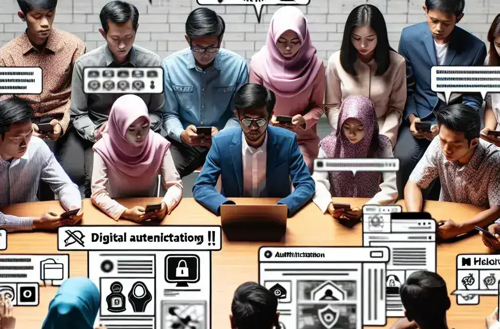 "Ilustrasi pelatihan literasi digital oleh Kominfo untuk melawan risiko deepfake dan disinformasi, dengan peserta yang aktif berdiskusi dan menggunakan perangkat digital."