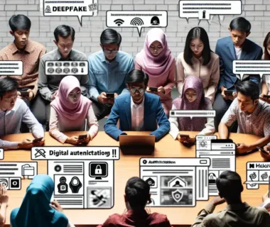 "Ilustrasi pelatihan literasi digital oleh Kominfo untuk melawan risiko deepfake dan disinformasi, dengan peserta yang aktif berdiskusi dan menggunakan perangkat digital."