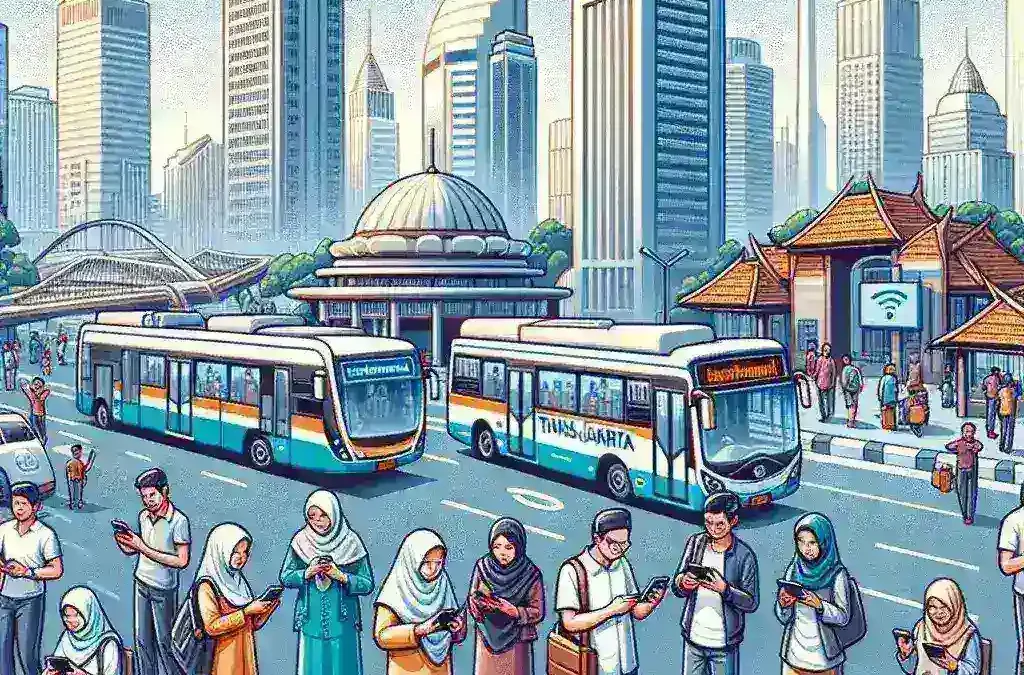 "Jaringan Wi-Fi publik gratis di halte TransJakarta, Jakarta, dengan penumpang yang menggunakan smartphone untuk terhubung, mendukung akses internet mudah bagi masyarakat."