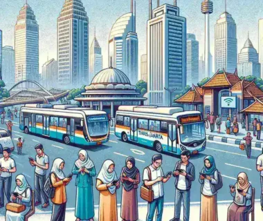 "Jaringan Wi-Fi publik gratis di halte TransJakarta, Jakarta, dengan penumpang yang menggunakan smartphone untuk terhubung, mendukung akses internet mudah bagi masyarakat."