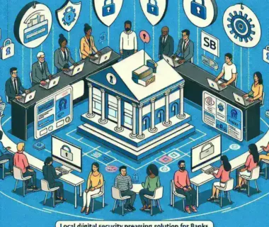 "Startup Keamanan Digital Lokal Meluncurkan Solusi Proteksi Phishing untuk Bank - Gambar menunjukkan tim pengembang teknologi dengan perangkat keamanan digital terbaru yang dirancang untuk melindungi sektor perbankan dari ancaman phishing."