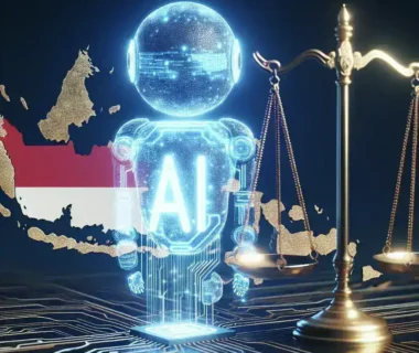 "Ilustrasi Kominfo yang menunjukkan pengawasan dan regulasi terhadap platform AI asing di Indonesia, memperlihatkan perangkat teknologi dan kegiatan digital yang berkaitan dengan kebijakan baru."