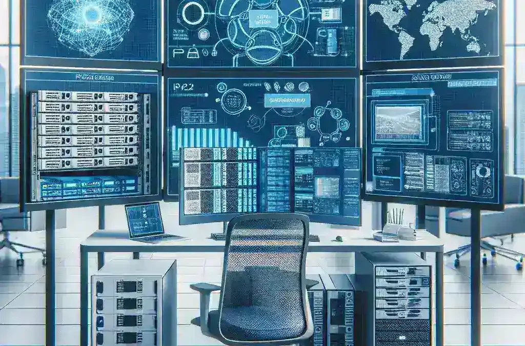 "Imagem ilustrativa de um sistema KVM IP destacando a conectividade remota, com servidores em destaque, representando soluções eficazes para acesso remoto em empresas brasileiras."