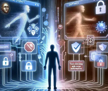 "Ilustrasi program literasi digital oleh Kominfo untuk mengatasi risiko deepfake dan disinformasi, menampilkan seminar interaktif dengan peserta yang terlibat dalam diskusi mengenai keamanan informasi digital."